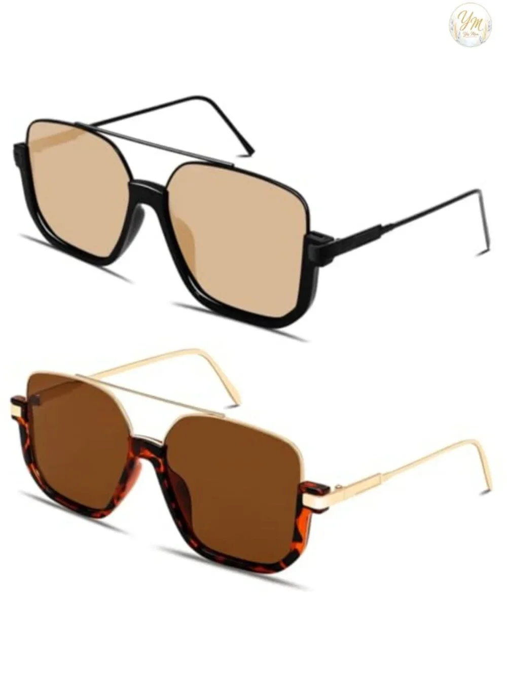 Oversized Square Aviator Sunglasses 70s Retro Double Bridge Metal Frame UV